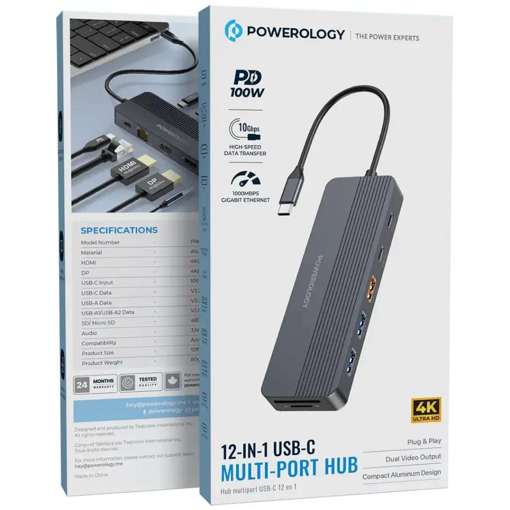 Powerology PD 100W 12-in-1 USB-C Hub With 3.2 10Gbps - Linkphones Center